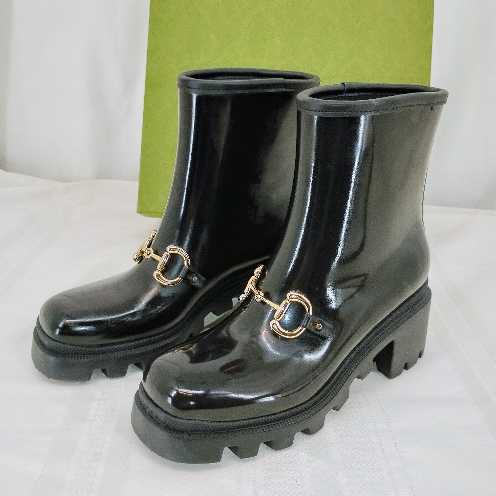 GUCCI Luxe Horse Bit Boots SNAKE ON BOTTOM! Black Rubber Snow or Rain - Picture 5 of 13